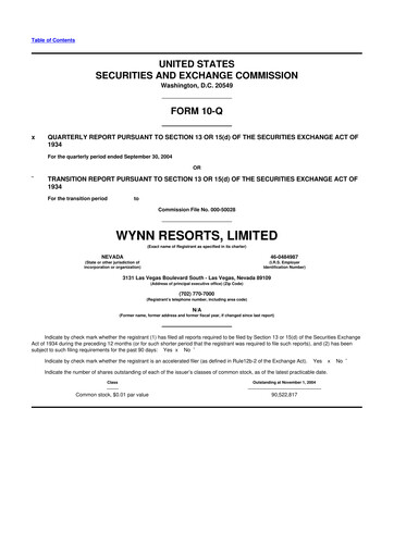Thumbnail Wynn Resorts
 10-Q Quarterly Report FY 