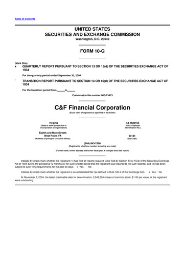 Thumbnail C&F Financial Corporation

 10-Q Quarterly Report FY 