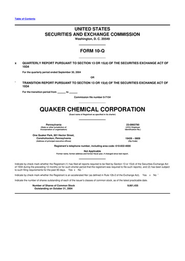 Miniature Quaker Houghton 10-Q Rapport trimestriel  