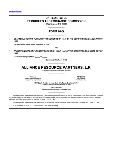 Vorschaubild Alliance Resource Partners 10-Q Quartalsbericht  