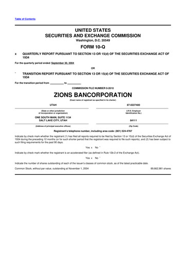 Miniature Zions Bancorporation
 10-Q Rapport trimestriel  