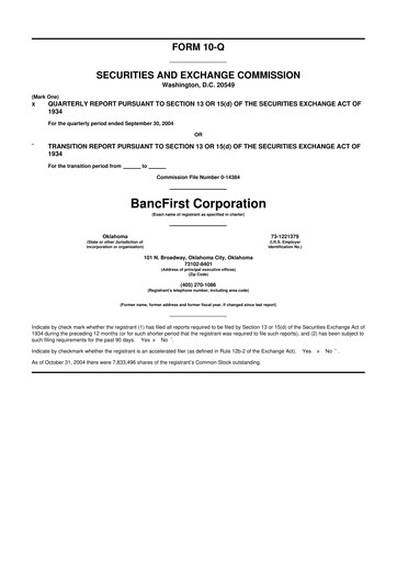 Thumbnail BancFirst 10-Q Quarterly Report FY 