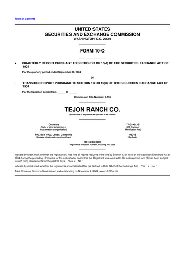 Thumbnail Tejon Ranch
 10-Q Quarterly Report FY 