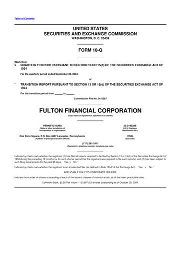 Thumbnail Fulton Financial 10-Q Quarterly Report FY 