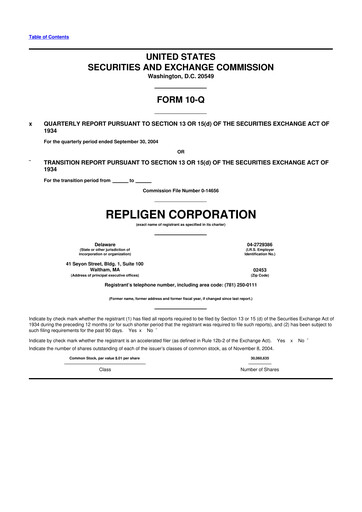 Miniature Repligen
 10-Q Rapport trimestriel  