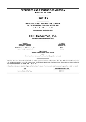 Miniature RGC Resources 10-Q Rapport trimestriel  