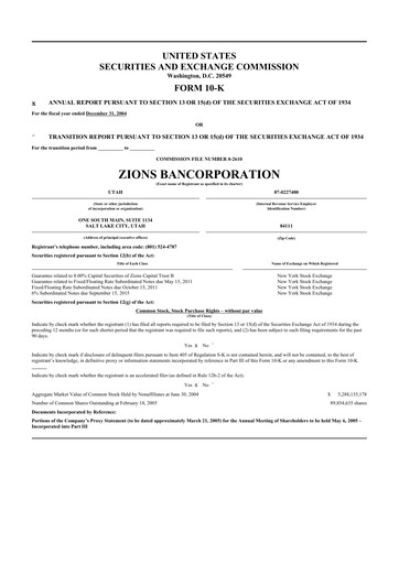 Thumbnail Zions Bancorporation
 10-K Annual Report 