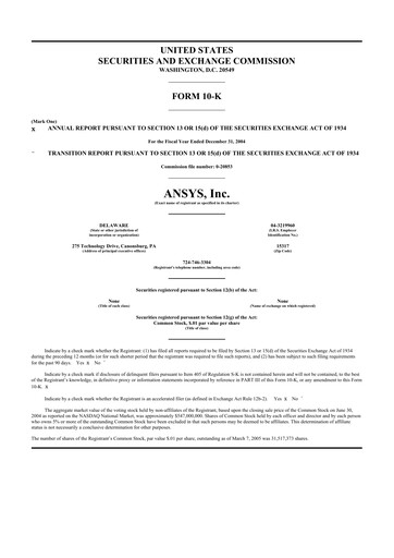 Thumbnail Ansys 10-K Annual Report 
