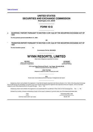 Thumbnail Wynn Resorts
 10-Q Quarterly Report FY 