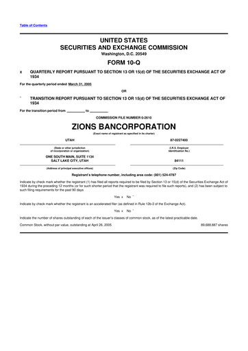 Miniature Zions Bancorporation
 10-Q Rapport trimestriel  