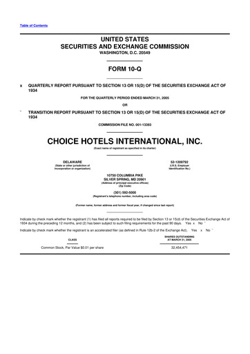 Miniature Choice Hotels International 10-Q Rapport trimestriel  