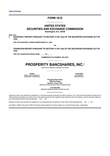 Thumbnail Prosperity Bancshares
 10-Q Quarterly Report FY 