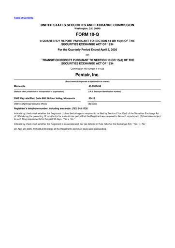 Thumbnail Pentair
 10-Q Quarterly Report FY 