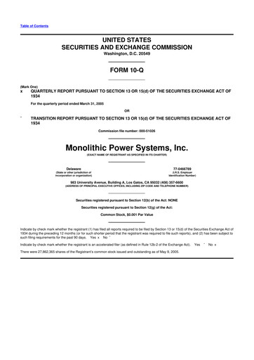 Miniature Monolithic Power Systems 10-Q Rapport trimestriel  