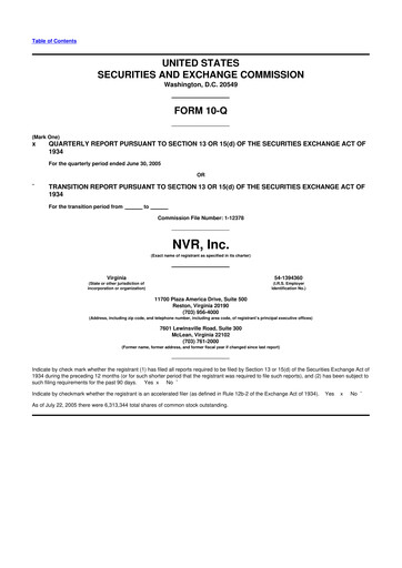 Miniature NVR 10-Q Rapport trimestriel  