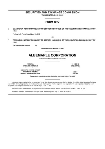 Miniature Albemarle 10-Q Rapport trimestriel  