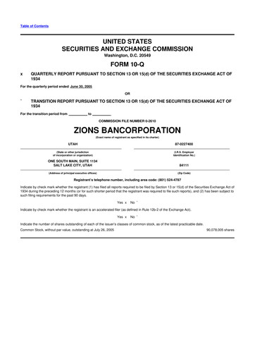 Miniature Zions Bancorporation
 10-Q Rapport trimestriel  