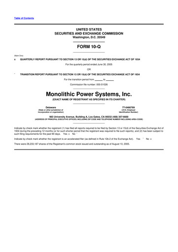 Miniature Monolithic Power Systems 10-Q Rapport trimestriel  