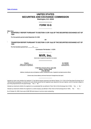 Miniature NVR 10-Q Rapport trimestriel  