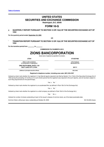Miniature Zions Bancorporation
 10-Q Rapport trimestriel  
