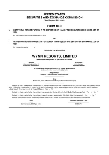 Thumbnail Wynn Resorts
 10-Q Quarterly Report FY 