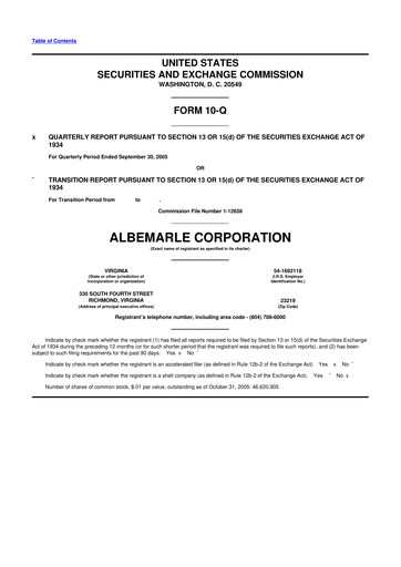 Miniature Albemarle 10-Q Rapport trimestriel  