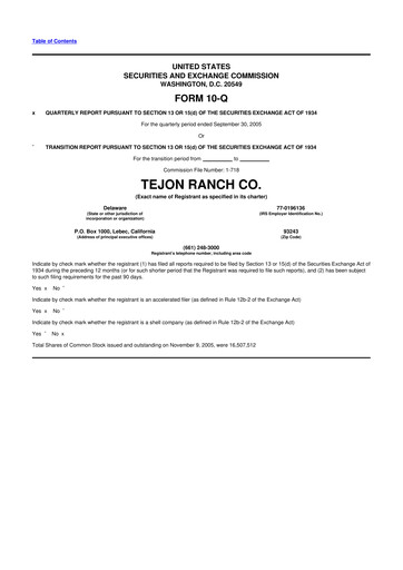 Thumbnail Tejon Ranch
 10-Q Quarterly Report FY 