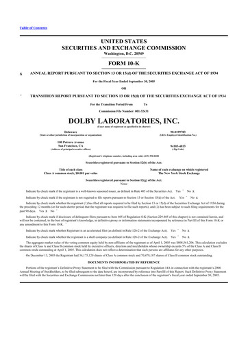 Miniature Dolby 10-K Rapport annuel 