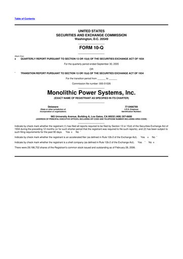 Miniature Monolithic Power Systems 10-Q Rapport trimestriel  