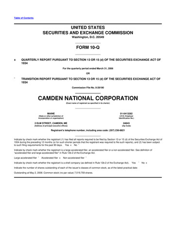 Thumbnail Camden National Corporation
 10-Q Quarterly Report FY 