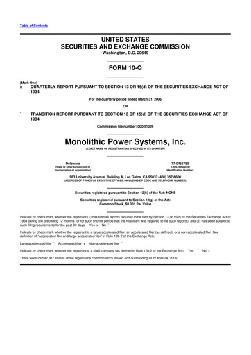 Miniature Monolithic Power Systems 10-Q Rapport trimestriel  