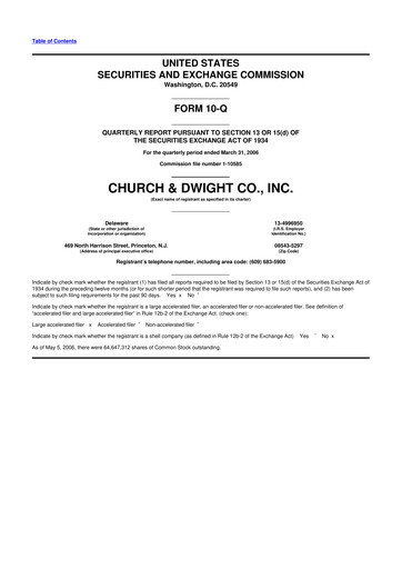 Thumbnail Church & Dwight
 10-Q Quarterly Report FY 