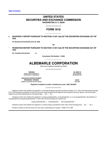 Miniature Albemarle 10-Q Rapport trimestriel  