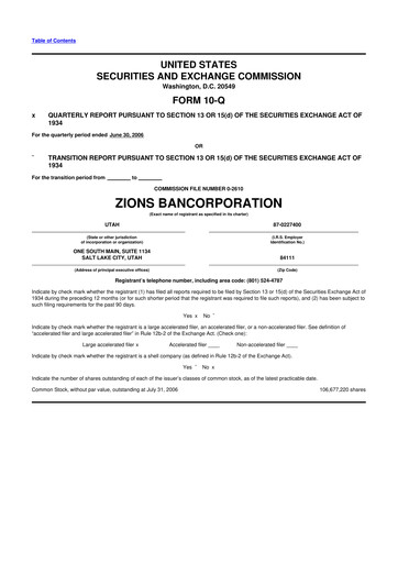 Miniature Zions Bancorporation
 10-Q Rapport trimestriel  