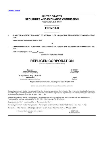 Miniature Repligen
 10-Q Rapport trimestriel  
