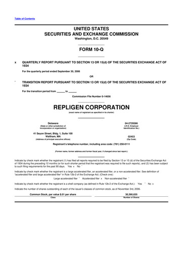 Miniature Repligen
 10-Q Rapport trimestriel  