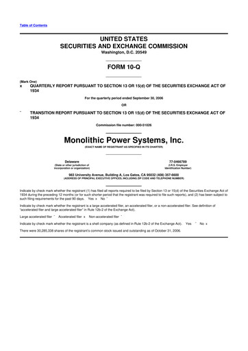 Miniature Monolithic Power Systems 10-Q Rapport trimestriel  