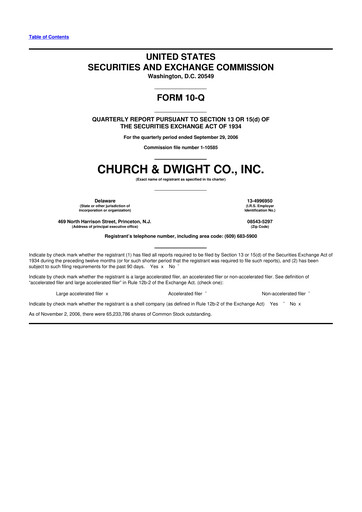 Thumbnail Church & Dwight
 10-Q Quarterly Report FY 