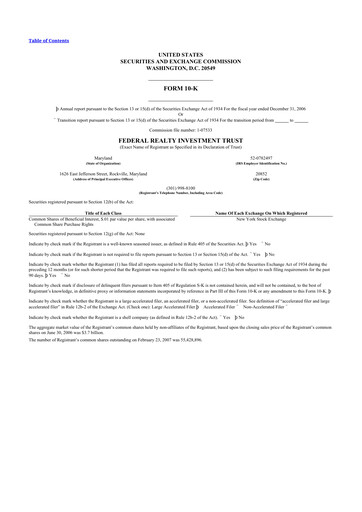 Miniature Federal Realty Investment Trust
 10-K Rapport annuel 
