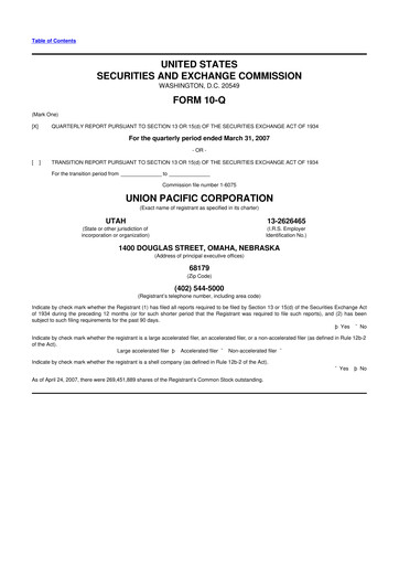 Thumbnail Union Pacific Corporation 10-Q Quarterly Report FY 