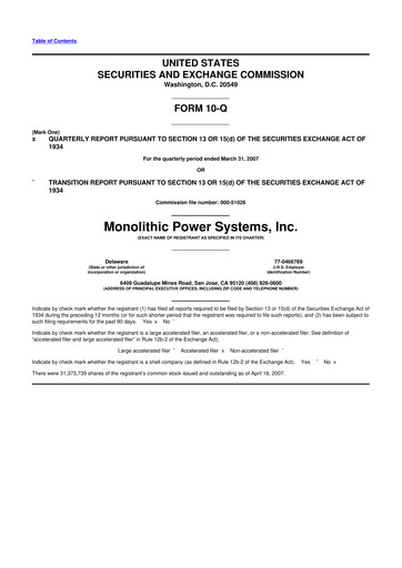Miniature Monolithic Power Systems 10-Q Rapport trimestriel  