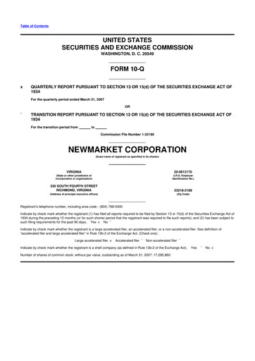 Miniature NewMarket Corp 10-Q Rapport trimestriel  
