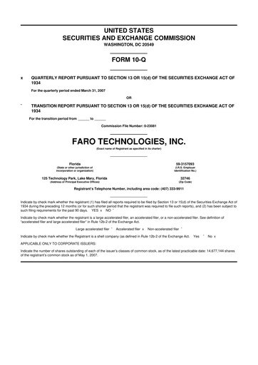 Miniature Faro Technologies
 10-Q Rapport trimestriel  
