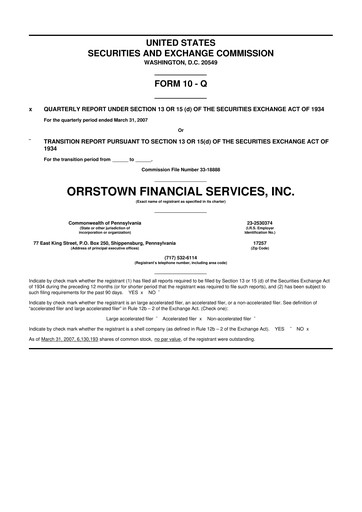 Thumbnail Orrstown Financial Services 10-Q Quarterly Report FY 