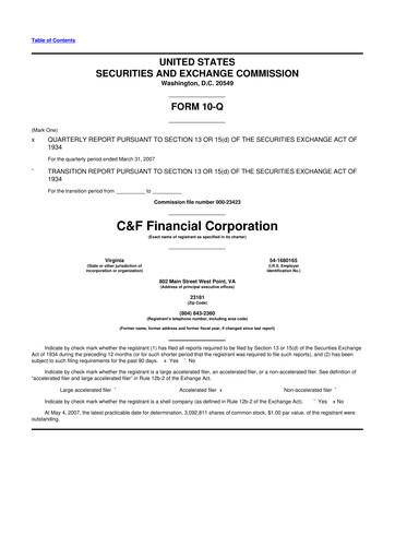 Thumbnail C&F Financial Corporation

 10-Q Quarterly Report FY 