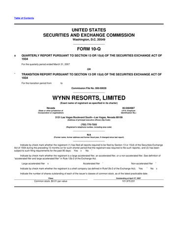 Thumbnail Wynn Resorts
 10-Q Quarterly Report FY 