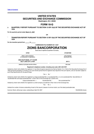 Miniature Zions Bancorporation
 10-Q Rapport trimestriel  