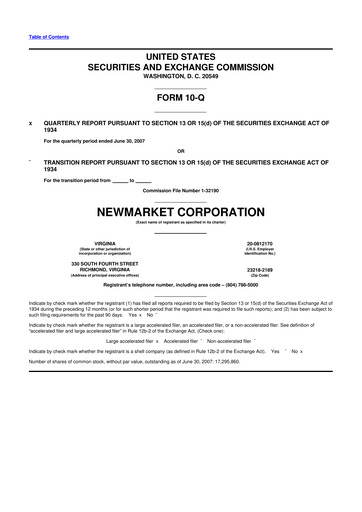 Miniature NewMarket Corp 10-Q Rapport trimestriel  