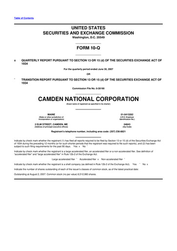 Thumbnail Camden National Corporation
 10-Q Quarterly Report FY 