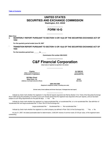 Thumbnail C&F Financial Corporation

 10-Q Quarterly Report FY 